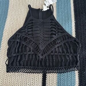 H&M Black Halter Neck Crop Top Crochet Detail Zipper Back Size M‎
